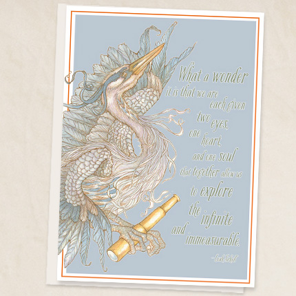 Heron with looking glass and quote