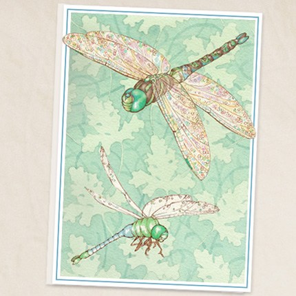 Dragonflies on lush leaf background